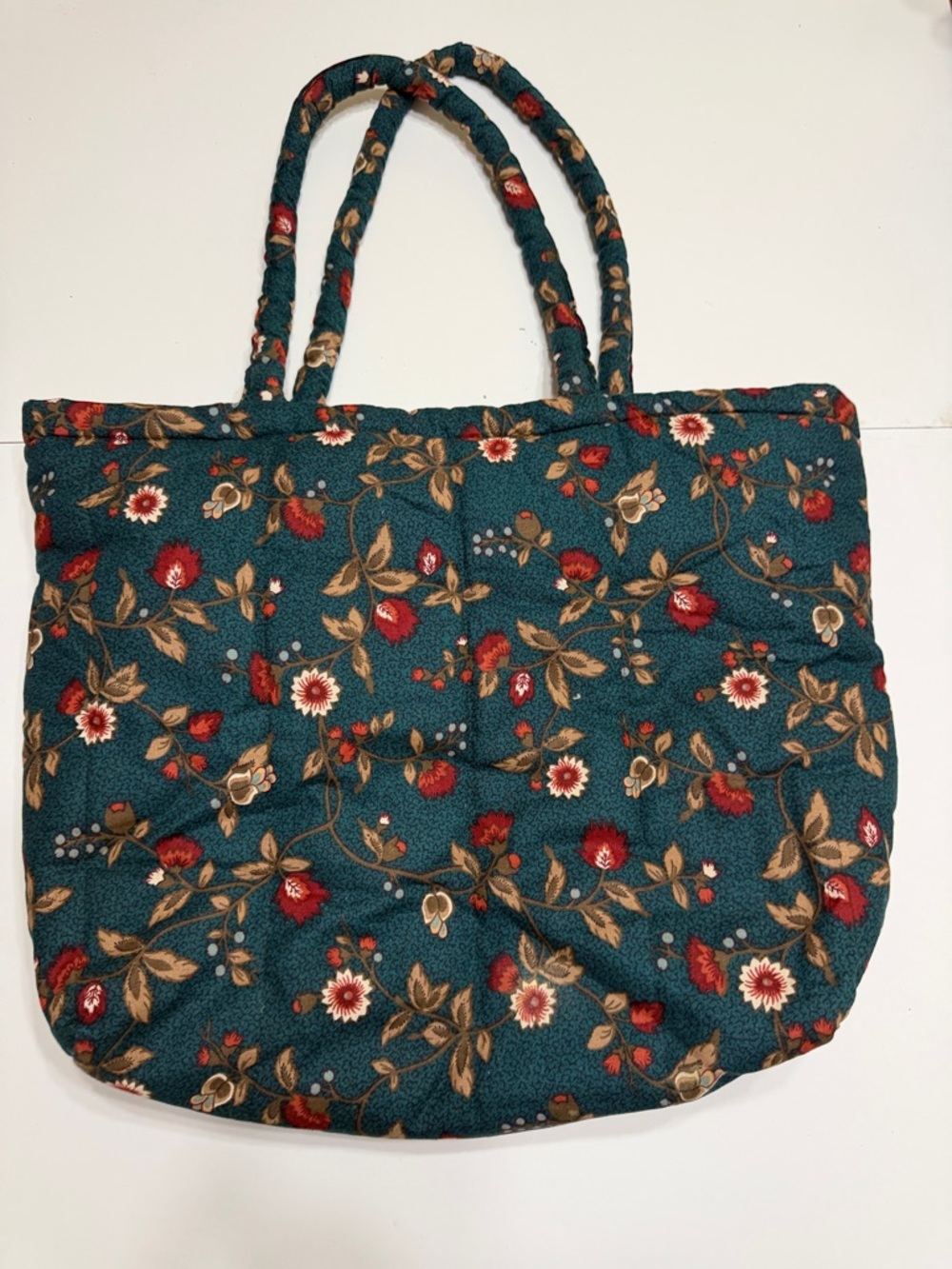 Quilted Floral Tote Bag in Teal with Red Accents